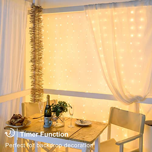 echosari Curtain Lights Battery Operated 200 LED Curtain Fairy Lights 6.6×6.6ft with Remote Timer Outdoor Wall Light Fully Waterproof for Wedding Backdrops Bedroom Decor (Warm White) - color: Warm White, size: 6.6Ft x 6.6Ft