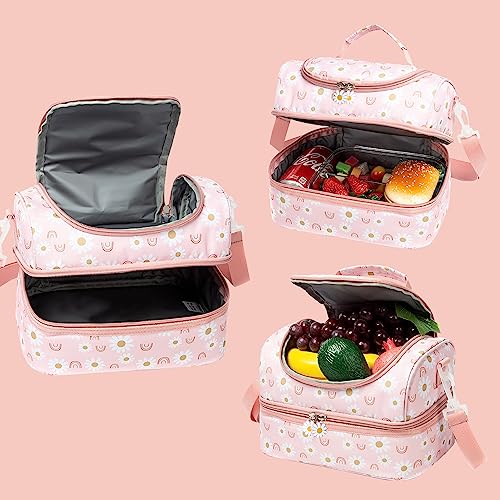 Insulated Kids Dual Compartment Lunch Bags Tote for Girls Boys Toddler Lunch Boxes Pre-School Toddler Kindergarten Elementary Picnic Food Cooler Thermal with Strap (Rainbow Daisies) - color: Rainbow Daisies