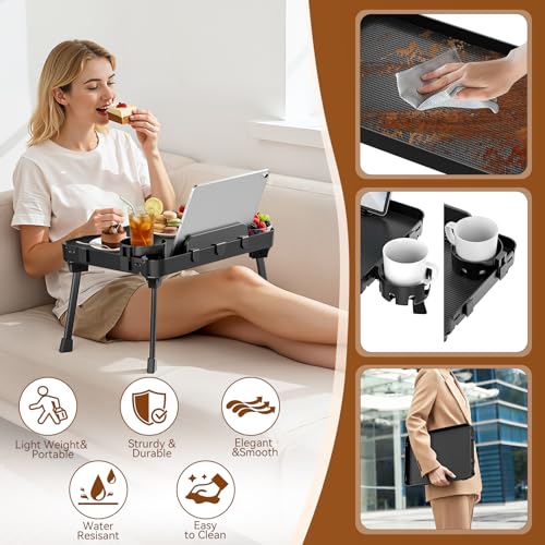 KDD Bed Tray Table with Folding Legs,Breakfast Tray with Removable Cup Holder & Phone Tablet Holder,Foldable Lap Tray for Bed, Sofa,Laptop Desk,Working,Snack, Kitchen Serving Tray,TV Table,Reading