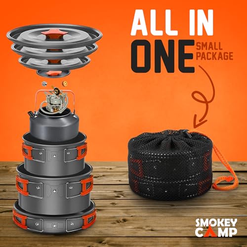 Smokey Camp Camping Cookware Mess Kit Set with Stove - Backpacking Camping Pots and Pans Set, All in One Non-Stick Camping Cooking Set, Portable Stove, Hiking, Picnic, Outdoor & Camping Cookware Set - style: 2.0+3.3 Liter Pot + 1.2 Liter Kettle