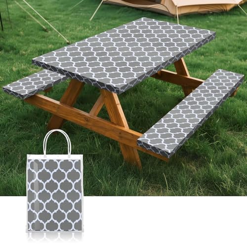Picnic Table Cover with Bench Coversa nd Bag, Waterproof Windproof Elastic Fitted Tablecloth for 6 Foot Rectangle Tables，Washable with Elastic Edges for Outdoor Camping(Gray Moroccan, 30"x72") - color: Gray(moroccan)