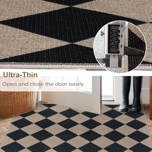 Rugalia Easy Jute Checkered Runner Rug, 2x6 Black Modern Washable Rugs Runner for Hallway Non-Slip Long Kitchen Rug, Geometric Diamond Indoor Outdoor Carpet for Porch Laundry Entryway - color: Black Checkered, size: 2' x 6' (Runner)