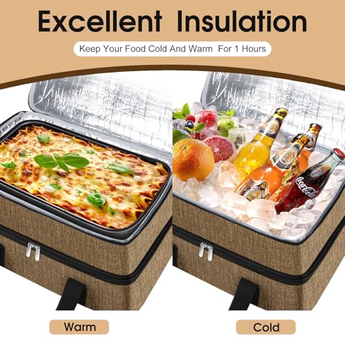 Double Insulated Casserole Carrier, Portable Casserole Carrier for Hot or Cold Food Lunch Tote Warmer or Cooler Bag, Lasagna Lunch Bag for Potluck Parties- Fits 9" x 13" Baking Dish-Coffee - color: Coffee, size: 16x10x7.2 in