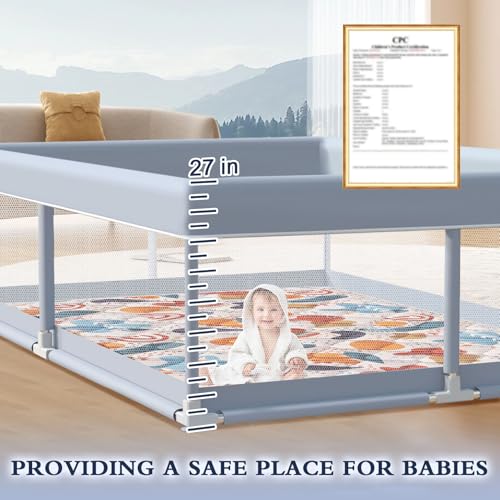 XVISHX 65 x 50 Inch Baby Playpen with Mat, Playpen for Babies and Toddlers, Baby Play Pen Playard for Indoor & Outdoor Active Center Game Fence, Skin-Friendly Fabric and Soft Breathable Mesh, Grey - size: 65 × 50 Inch + MAT