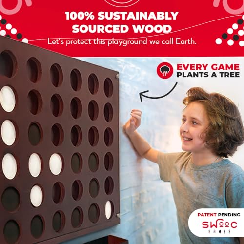 Swooc Games® - Wall Mounted Giant 4 in A Row - 60% Quieter - Jumbo Size Wall Games - Game Room Game, Accessories and Decor - Garage and Basement Decor - Large Connect - Four in a Row for Kids & Adults