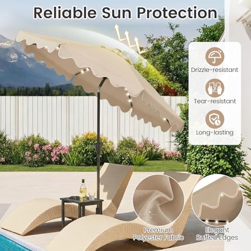 Tangkula 9 FT Solar Patio Umbrella with Base Included, 2-Tiers Outdoor Scalloped Table Umbrella with 32 LED Lights, 2 Sandbags, Tilt Adjustment, Crank, 8 Ribs for Market Backyard Pool Deck Beach Lawn - color: Coffee, size: 9 FT