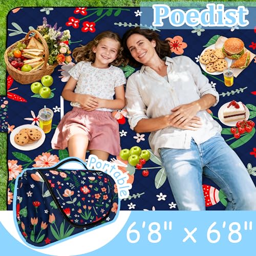 Extra Large Picnic Blanket Waterproof,80"x 80"Foldable Machine Washable Beach Blanket,Outdoor Blanket for 6-8 Adults,Suitable for Indoor Crawling,Park Beach,Camping,Hiking,Family Travel(Light Blue) - color: Blue Flower, size: 6'8" x 6'8" (Square)