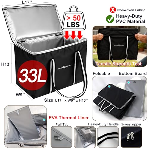 Insulated Food Delivery Bag, Large Durable Reusable Shopping Grocery Bag with Zipper – Foldable Thermal Cooler Bag for Hot & Cold Food, Pizza Delivery & Catering - color: Black 1