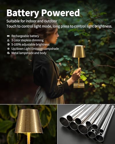 KDG 2 Pack Cordless Table Lamp,Portable LED Desk Lamp, 4000mAh Battery Operated, 3 Color Stepless Dimming Up, for Restaurant/Bedroom/Bars/Outdoor Party/Camping/Coffee Shop Night Light(Gold) - color: Electroplated Gold-2