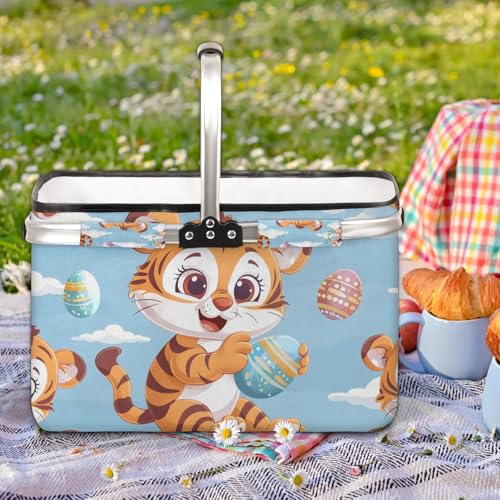 Folding Picnic Basket/Grocery Basket/Laundry Basket /40L Extra Large Market Baske Collapsible Portable - color: Tigers(style 1)