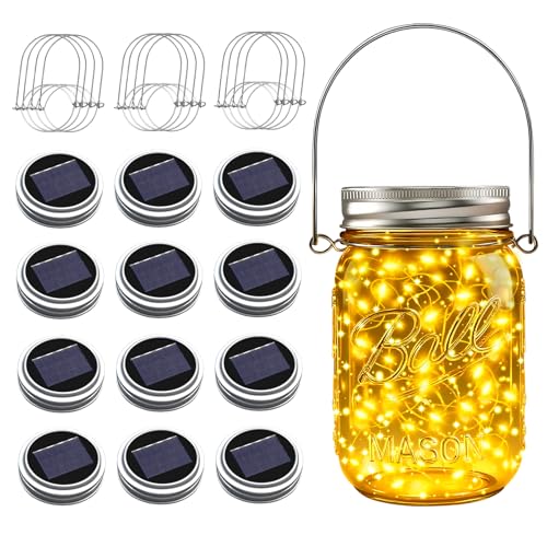 Mason Jar Solar Lights for Outside, 12 Pack 30 LED Fairy Firefly Lights Mason Jar Solar Lids Outdoor Waterproof String Lights with Hangers(NO JARS) for Patio Garden Yard Lawn Decor - Warm White - color: Warm White