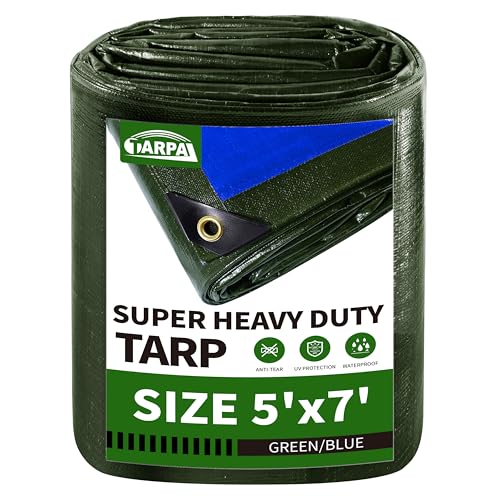 TARPAL 5x7FT Heavy Duty Waterproof Tarp - 16mil Thick Tarp with Metal Grommets Every 17.7" UV&Tear Resistant All-Weather Protection Cover for Firewood, Roof, Pool & Outdoor Furniture (Green/Blue) - color: Green/Blue, size: 5x7 Feet-Finished size