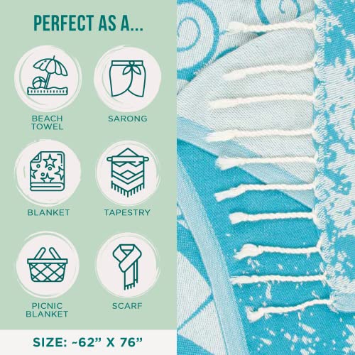 Sand Cloud Extra Large Turkish Beach Towel - Free 100% Organic Cotton Yarn Quick Dry for Beach, Picnic, Blanket or Bath As Seen on Shark Tank Marine Life (Crush Turtle Teal) - color: Crush Turtle Teal, size: X-Large