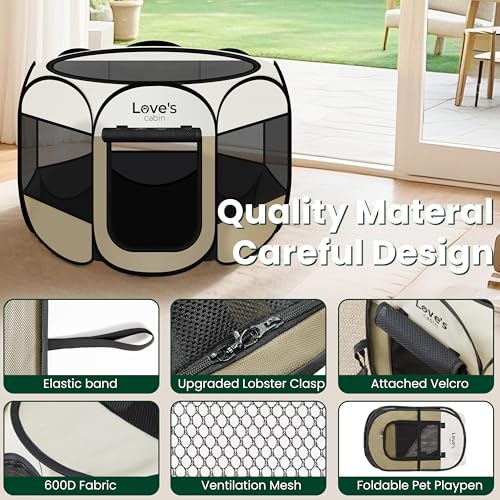 Love's cabin Pet Puppy Dog Playpen, Small Dog Tent Crates Cage Indoor/Outdoor, Portable Playpen for Cat, Foldable Pop Up Dog Kennel Playpen with Carring Case, Removable Zipper Top, Khaki - color: Khaki, size: 25.0"L x 25.0"W x 17.0"H