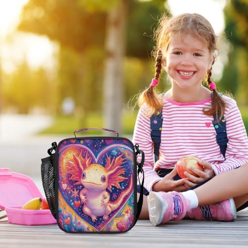 Insulated Lunch Box for Girls Kids Axolotl Lunch Bags Reusable Portable Lunchbox with Adjustable Shoulder Strap and Water Bottle Holder for Work School Travel - color: Axolotl