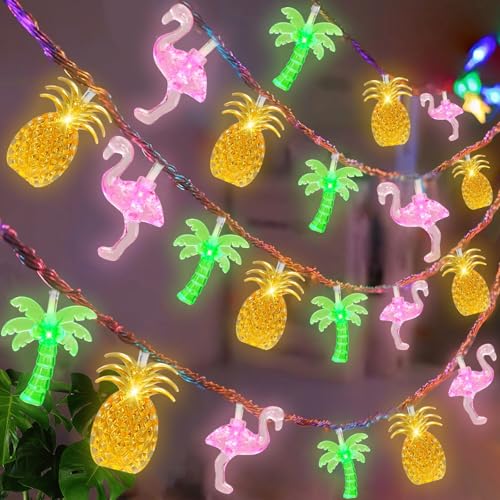 Olixmlya 30 LED [ 8 Modes & Timer ] 16Ft Summer Tropical Beach Hawaiian String Lights Tropical Flamingo Pineapple Palm Tree Fairy Lights Battery Operated for Party Beach Pool Summer Decor
