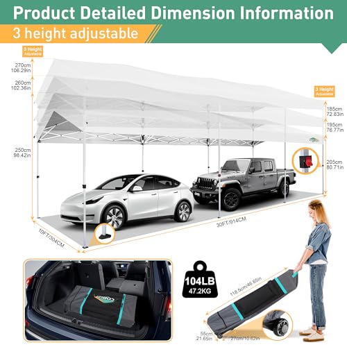 COBIZI Carport 10x30 Pop Up Canopy Car Tent with One Push Center Lock, Outdoor Portable Garage Tents for Parties UPF50+ Waterproof All-Season Car Canopy with Wheeled Bag,3 Sidewalls, Adjustable Height - color: White, size: 10x30 FT