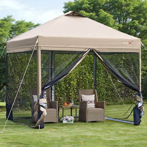 10x10 Pop Up Canopy Tent with Mosquito Netting, Outdoor Portable Screen Tent for Yard, Party, Camping and Picnic, 3 Height Positions, Patio Gazebo with Roller Bag and 4 Sandbags, Khaki - color: Khaki