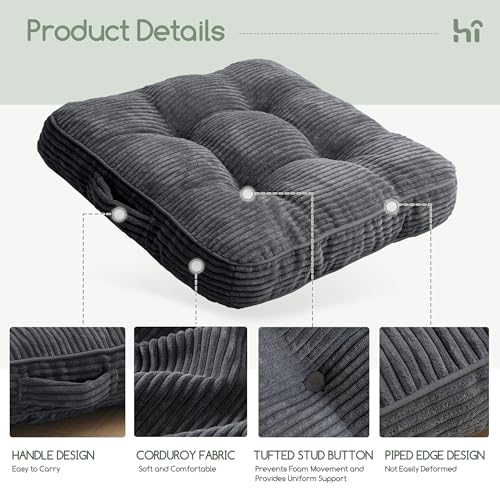 HIGOGOGO Floor Pillow Cushion for Adults, Meditation Cushion Pillow, Large Square Floor Sitting, Tufted Corduroy Cover, for Tatami Living Room or Yoga, 22x22 Inch, 2Pack, Dark Grey - color: Square Dark Grey, size: 4" Thick(pack of 2)