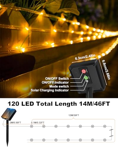 btfarm 2 Pack Solar Rope Lights Outdoor, 120LED 46FT Solar String Lights Outside Waterproof, 8 Lighting Modes Solar Powered Strip Light for Garden Tree Christmas Yard Party Wedding Decor, Warm White - color: Warm White, size: 2 Pack