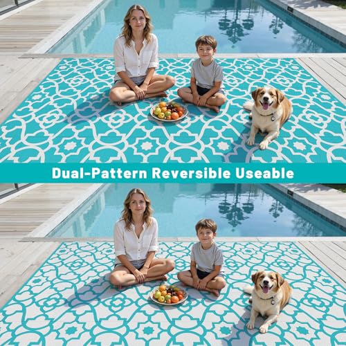 HEBE Outdoor Rug Waterproof 9x12, Plastic Straw Rug Camping Rug, Reversible Outdoor Patio Rugs RV Mat Clearance, Indoor Outside Floor Carpet for Porch,Deck,Camper,Balcony,Backyard - color: Teal, size: 9' x 12' (Rectangular)