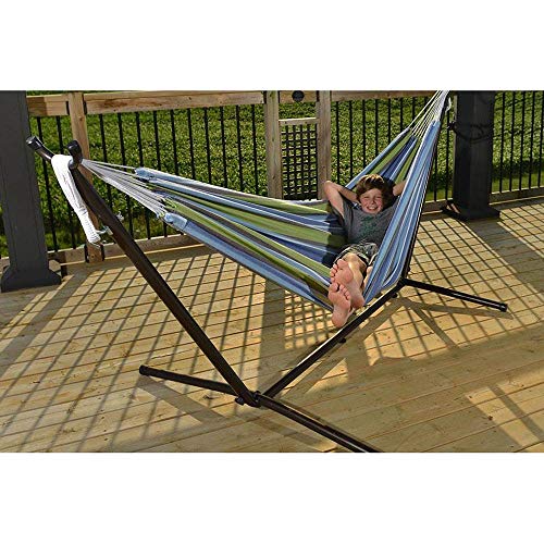 Vivere Double Cotton Combo Outdoor Backyard Patio Hammock with Stand, Cayo Reef - color: Cayo Reef