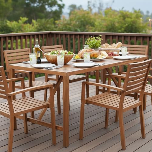 Tangkula 67" Acacia Wood Outdoor Dining Table for 6, Rectangle 6-Person Patio Table with 2" Umbrella Hole & Spacious Slatted Tabletop, Indoor Outdoor Dining Furniture for Deck, Garden, Poolside & Yard - size: 67"