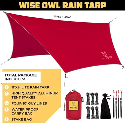Wise Owl Outfitters Hammock Rain Fly – Waterproof Camping Tarp Cover with Tent Stakes & Carry Bag, Ultralight Shelter for Backpacking & Outdoor Shade - color: Crimson Red, size: Standard (26 oz)