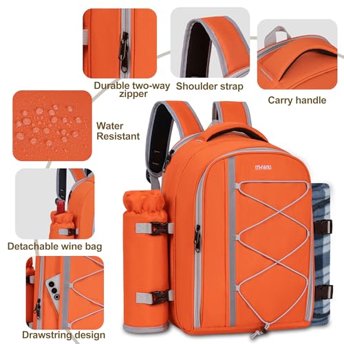 Picnic Backpack for 2 Persons with Insulated Leakproof Cooler Compartment, Cutlery Sets, Wine Holder, Fleece Blanket, Wedding Gifts for Couples, Perfect for Beach, Camping, Hiking, Orange - color: Orange, size: For 2 Persons