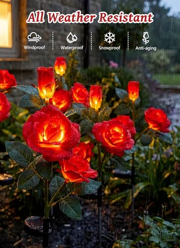 Brightown Outdoor Solar Flower Lights, 4 Pack Solar Garden Light with Larger & More Realistic Red Rose, Bigger Solar Panel, Waterproof Solar Lights Outdoor for Yard Garden Lawn Pathway Decoration - color: Red Rose