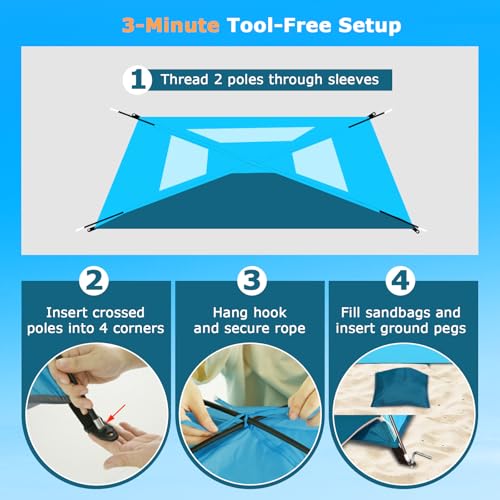 COMMOUDS Beach Tent Sun Shade for 3/4/6/8 Person, UPF 50+ Beach Sun Shelter Canopy Tent, Lightweight, Easy Set Up and Carry - color: Blue, size: 3 Person