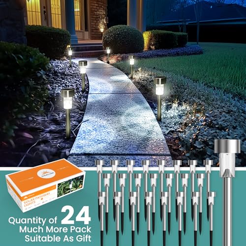 GIGALUMI 24 Pack Solar Path Lights Outdoor,Solar Lights Outdoor Waterproof,Stainless Steel LED Landscape Lighting,Solar Garden Lights for Driveway,Pathway,Patio,Yard - color: Cold White, size: 24 PACK