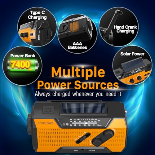 FosPower NOAA Emergency Weather Radio A1 7400mWh Portable Power Bank, AM/FM, USB/Solar/Hand Crank Charging, Battery Operated, SOS Alarm & Flashlight for Indoor/Outdoor Emergency - Orange - color: 01 - Model A1 - Orange