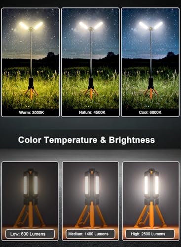 15000mAh Rechargeable Telescopic Camping Light, Portable Flashlight & Lantern with Reinforced Tripod Base, Height Adjustable Dimmable Tent Light, Power Bank for Outdoor BBQ, Hiking, Job Site, Orange - color: Orange