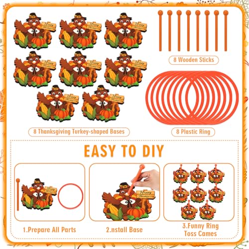 8 PACK Thanksgiving Turkey Ring Toss Game Include 8 Wooden Turkey Target Stands with 8 Plastic Rings Happy Thanksgiving Turkey Toss Game for Girl Boy Adults Fall Family School Party Supplies
