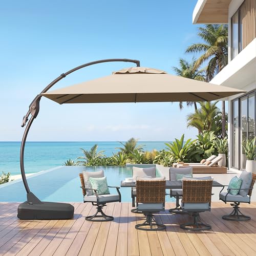 Grand patio 10x10 FT Patio Cantilever Umbrella with Base Outdoor Large Square Tilting Offset Umbrellas for Deck Yard (Champagne, 10x10 FT) - color: Champagne, size: 10X10 FT