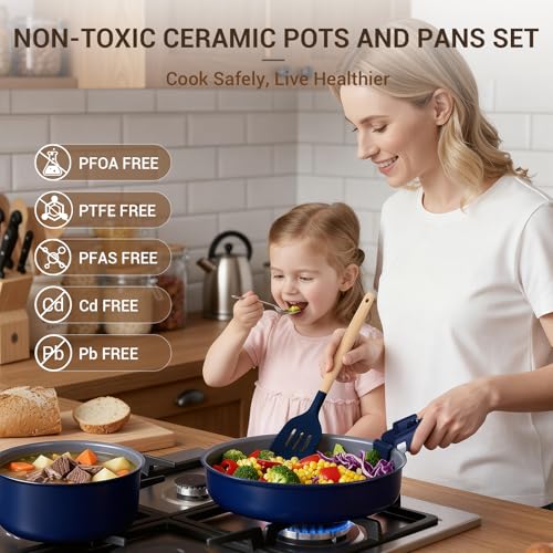 Ammeloo 18-Piece Ceramic Pots and Pans Set Non Stick, Non Toxic Cookware Set with Removable Handles, Pot Sets for Cooking, Induction Ready, Dishwasher & Oven Safe, PFAS PFOA & PTFE Free (Navy Blue) - color: Navy Blue