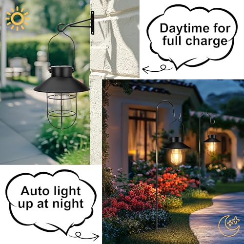 pearlstar 2 Pack Solar Lights Outdoor, Hanging Solar Lanterns with Edison Bulb and 2 x 32 Inch Shepherd Hooks, Waterproof Landscape Lighting for Garden Patio Yard Pathway Driveway Lawn (Black) - style: Black Lanterns