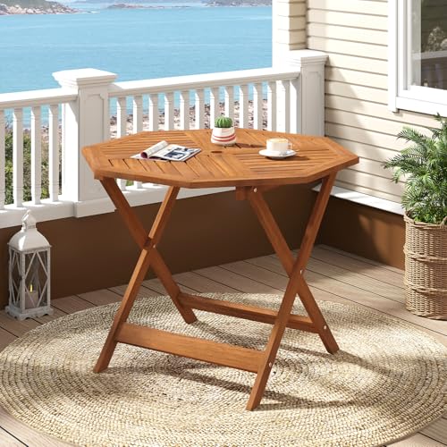 Tangkula 35.5" Octagonal Patio Dining Table, Hardwood Outdoor Bistro Table with Slatted Tabletop, 1.97" Umbrella Hole & Teak Oil Finish, Outside Table for Porch Balcony Deck Poolside Yard - size: 35.5"
