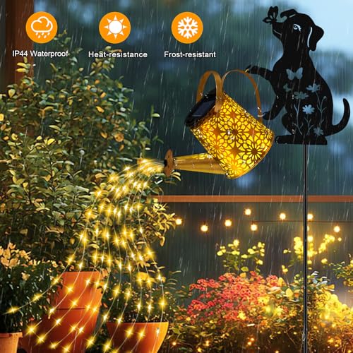 Solar Lights Outdoor Decorative, Watering Can with Cascading Lights, with Dog Silhouette Garden Stakes, Gifts for Mom Women, Waterproof Metal Garden Decor for Yard Art, Outside(1 Pack) - color: Dog 1 Pack