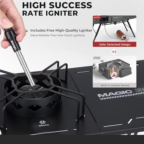 Alocs Camping Gas Stove, IGT Camp Table with Outdoor Stove, Folding Picnic Table with Portable Solo Stove, Carrying Bag, for Beach, Grilling, Hiking, Fishing, Tailgating, Backyard
