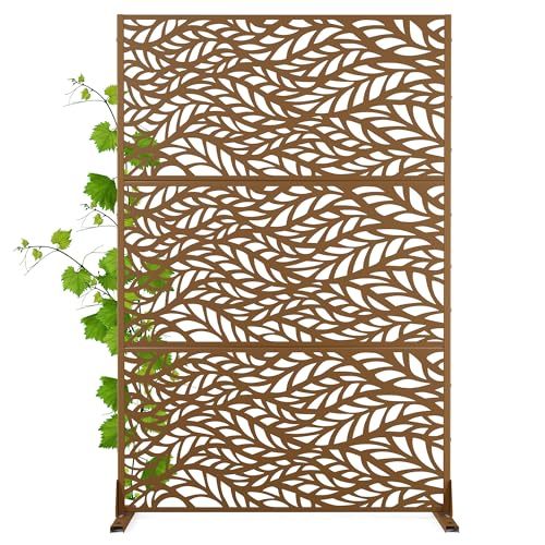 Modern Metal Privacy Screen, Patio Outdoor Privacy Panels with Stand, Freestanding Outdoor Divider for Yard, Deck＆Garden(71.3"*47.3"*15.7") - color: Brown,Flowleaf