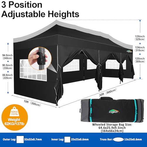 COBIZI 10x30 Pop up Canopy Tent 10x30 Canopy with 8 Sidewalls Waterproof Heavy Duty Commercial Tent for Parties Outdoor Garden Gazebo, Carry Bag with Wheel(10x30ft, Black) - color: Black, size: 10X30FT 8 Sidewalls