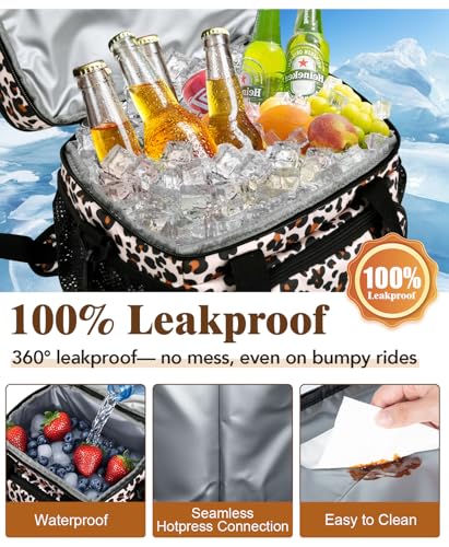 Insulated Lunch Bag for Women, Double Leakproof Lunch Box Soft Cooler Tote with 5 Pockets, 600D Oxford, EVA Lining, Adjustable Strap for Work, Picnic, Beach&Travel-Leopard Print - color: Leopard Print, size: Double