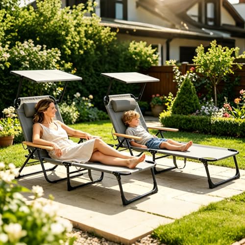 Folding Lounge Chair with Canopy, Tanning Chair with 4-Position Reclining Back, Folding Sun Lounger, Outdoor Lounge Chair for Beach, Poolside, Backyard, Camping, UPF 50+ Sun Shade, 300 LBS - color: Grey With Sunshade