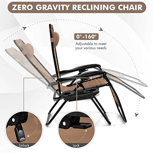 Giantex 2 PCS Zero Gravity Chair Patio Chaise Lounge Chairs Outdoor Yard Pool Recliner Folding Lounge Chair with Cup Holder (Beige) - color: Tan, size: 1 Count (Pack of 2)