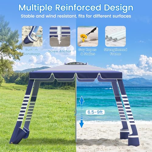 MoKo Beach Cabana,120 Sq. Ft. Large Beach Canopy Tent Sun Shade, UPF 50+ Protection Easy Setup Beach Tent, Adjustable Height Wind Resistant Cabana Sun Shelter for Whole Family, Navy Stripes