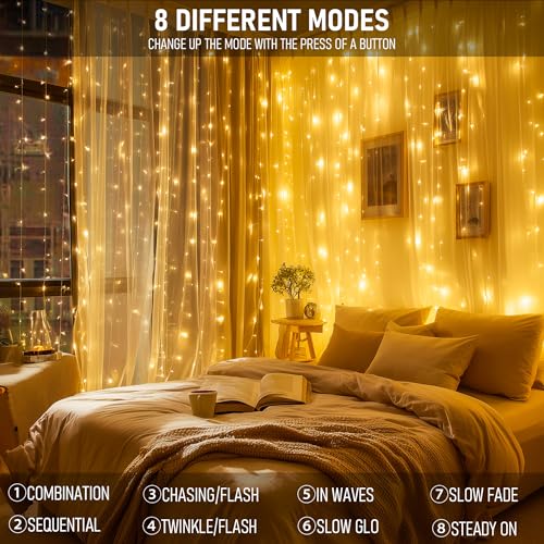 Dazzle Bright 300 LED Curtain Lights, Plug in Fairy Curtain Lights for Bedroom, Christmas Hanging String Lights Outdoor for Window Backdrop Wall Wedding Patio Indoor Dorm Party Decor, Warm White - color: Warm White