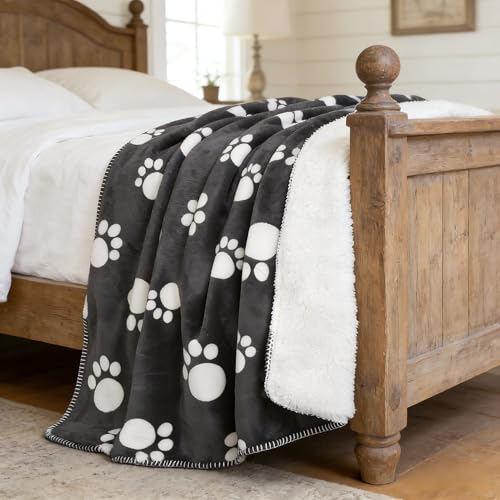 Kritter Planet Waterproof Pet Blanket - Soft Sherpa Dog Blanket, Washable Leakproof Blanket for Pets, Waterproof Pad for Dogs & Cats - color: Dark Grey Paw, size: 50×60 Inches