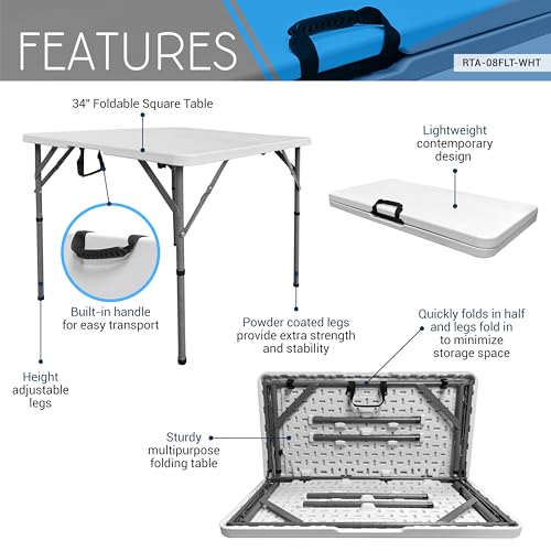 34” Square Folding Table, Small Folding Table with Easy-Carry Handle, White